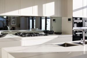 An installed acrylic splashback in a kitchen 