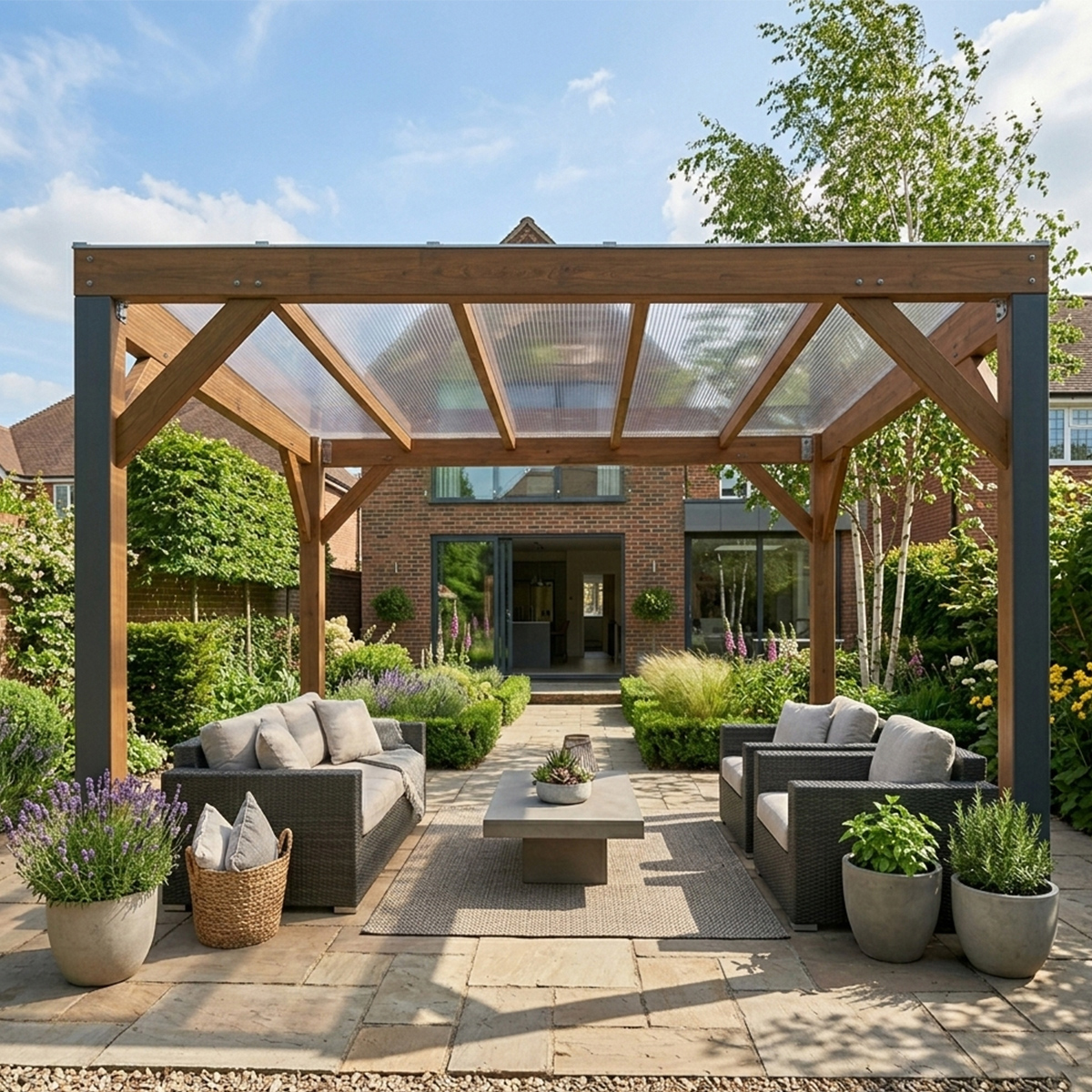 Polycarbonate roofing sheets in a garden
