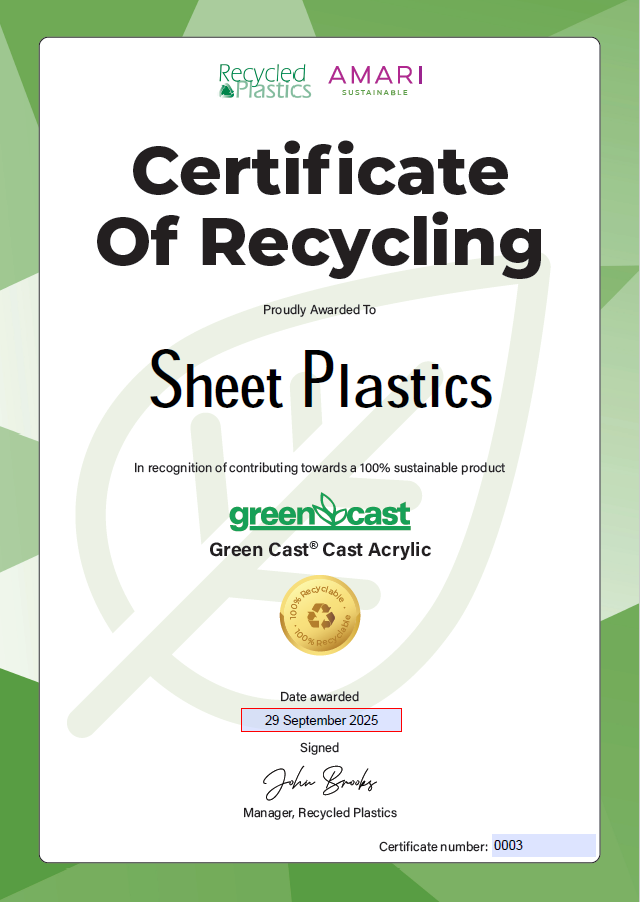 Certificate of Recycling for Sheet Plastics